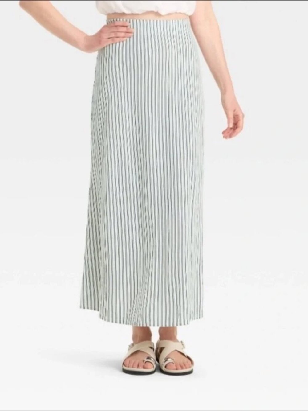 Navy & White Striped Linen Blend Maxi Skirt
